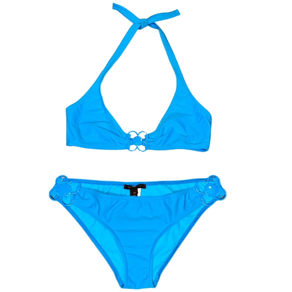 AUTH Louis Vuitton Neon Blue Metal Flower Charm Logo Halter Tie Bikini Swimsuit